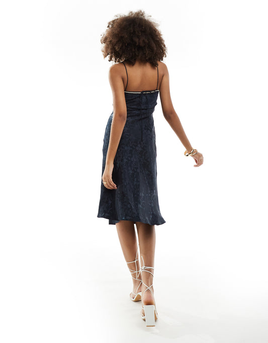 ASOS DESIGN square neck midi dress in blue jacquard in navy