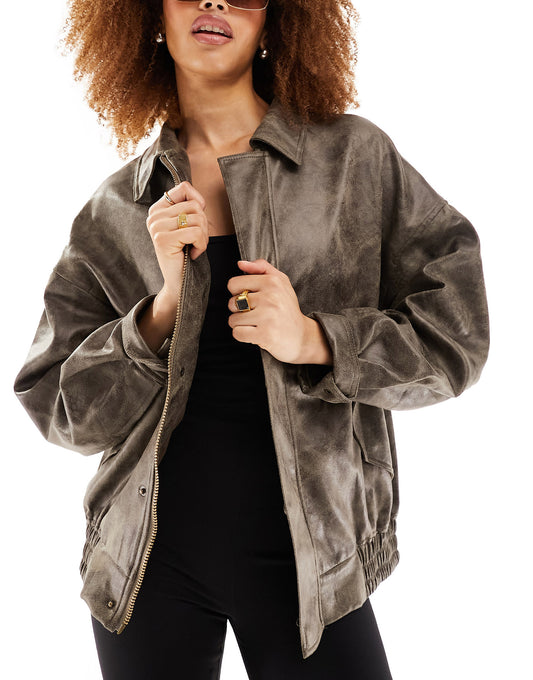 Lioness leather look bomber jacket in distressed brown