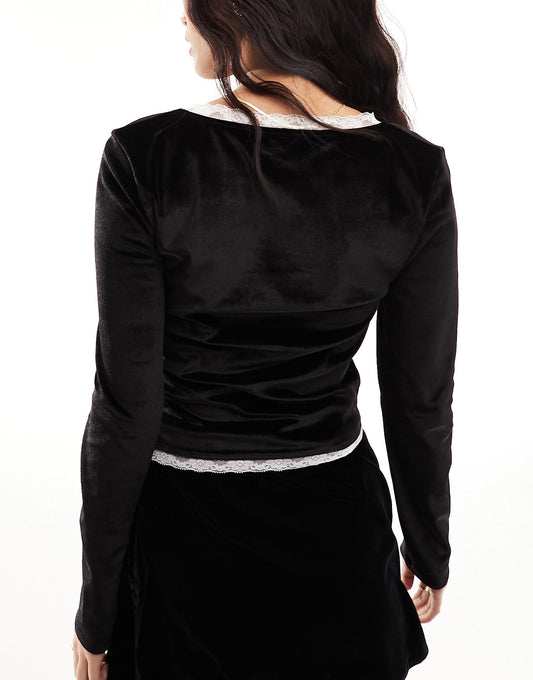 ASOS DESIGN scoop neck long sleeve top with contrast bow trim in black