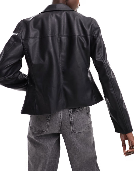 Monki faux leather two way zipper short bomber jacket in black