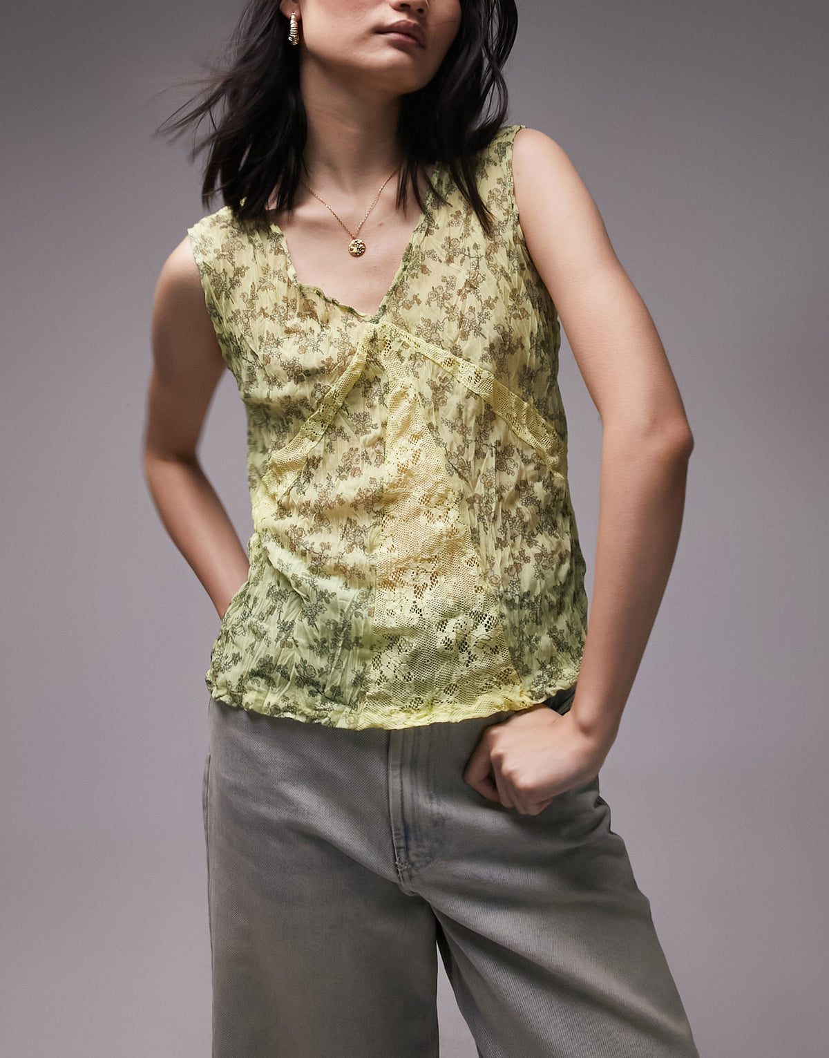Topshop ditsy floral crinkle lace tank top in yellow