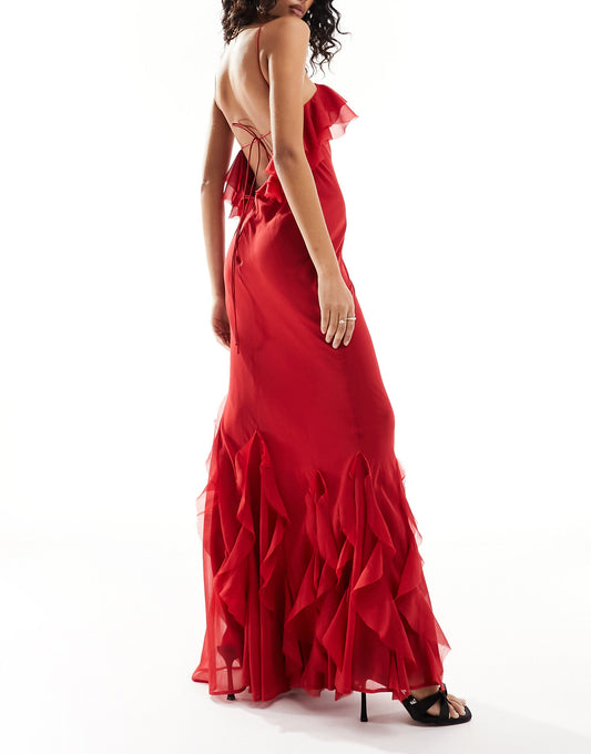 ASOS DESIGN ruffle halter bias maxi dress with ruffle hem in red