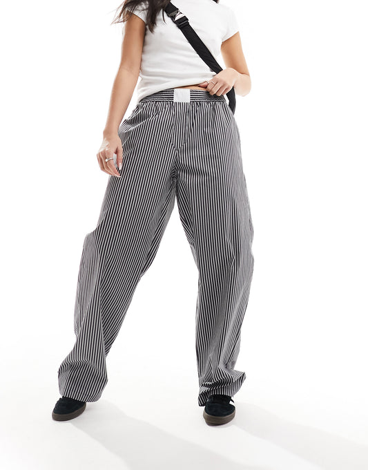 Lioness wide leg boxer waist detail trousers in black stripe
