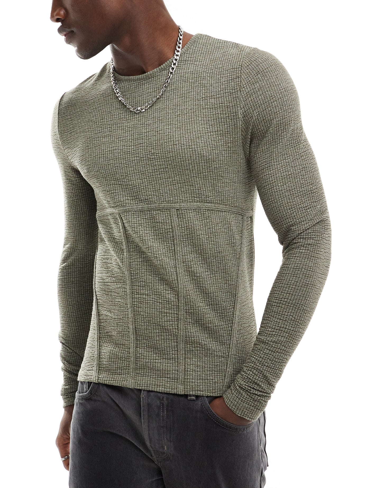 ASOS DESIGN muscle fit long sleeve t-shirt in khaki texture with seam detail