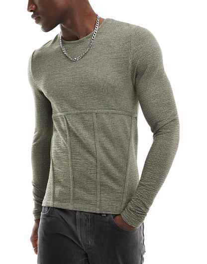 ASOS DESIGN muscle fit long sleeve t-shirt in khaki texture with seam detail