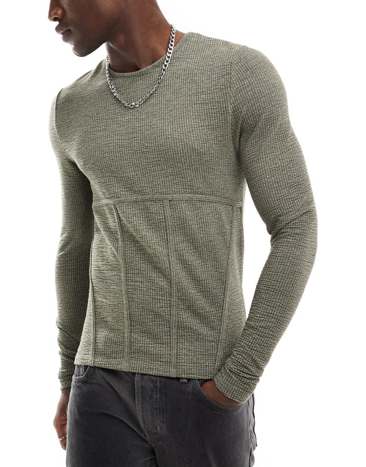 ASOS DESIGN muscle fit long sleeve t-shirt in khaki texture with seam detail