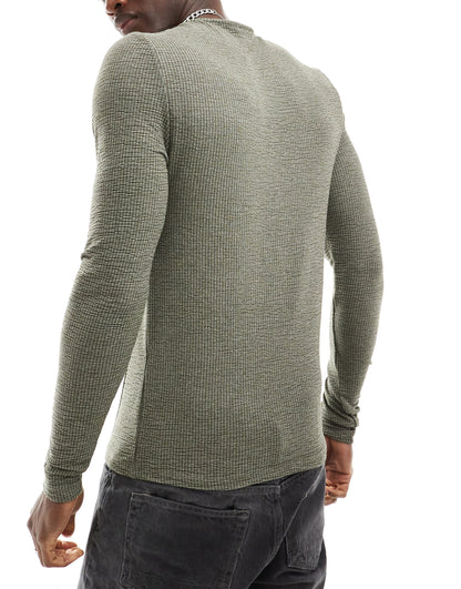 ASOS DESIGN muscle fit long sleeve t-shirt in khaki texture with seam detail