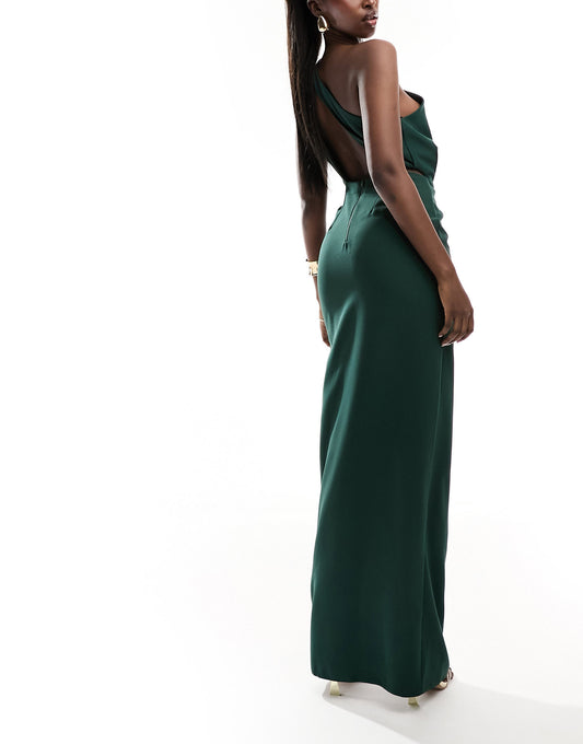 Vesper bengaline exclusive one shoulder cut out detail front spilt maxi dress in forest green