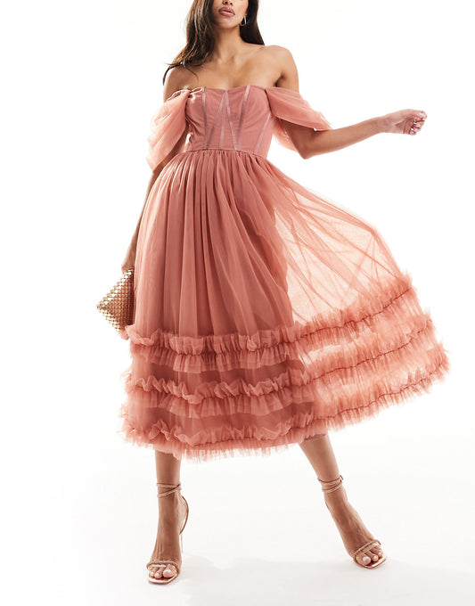 Lace & Beads off shoulder ruffle tulle midaxi dress in dusky pink