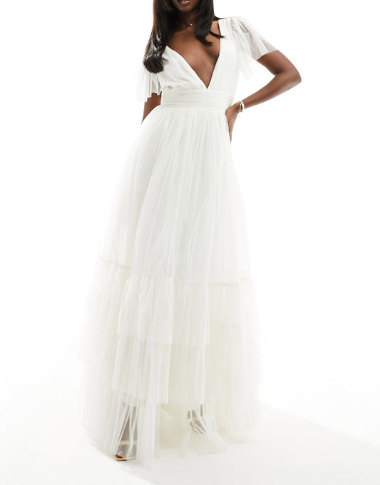 Lace & Beads Bridal Madison v neck tulle maxi dress in ivory