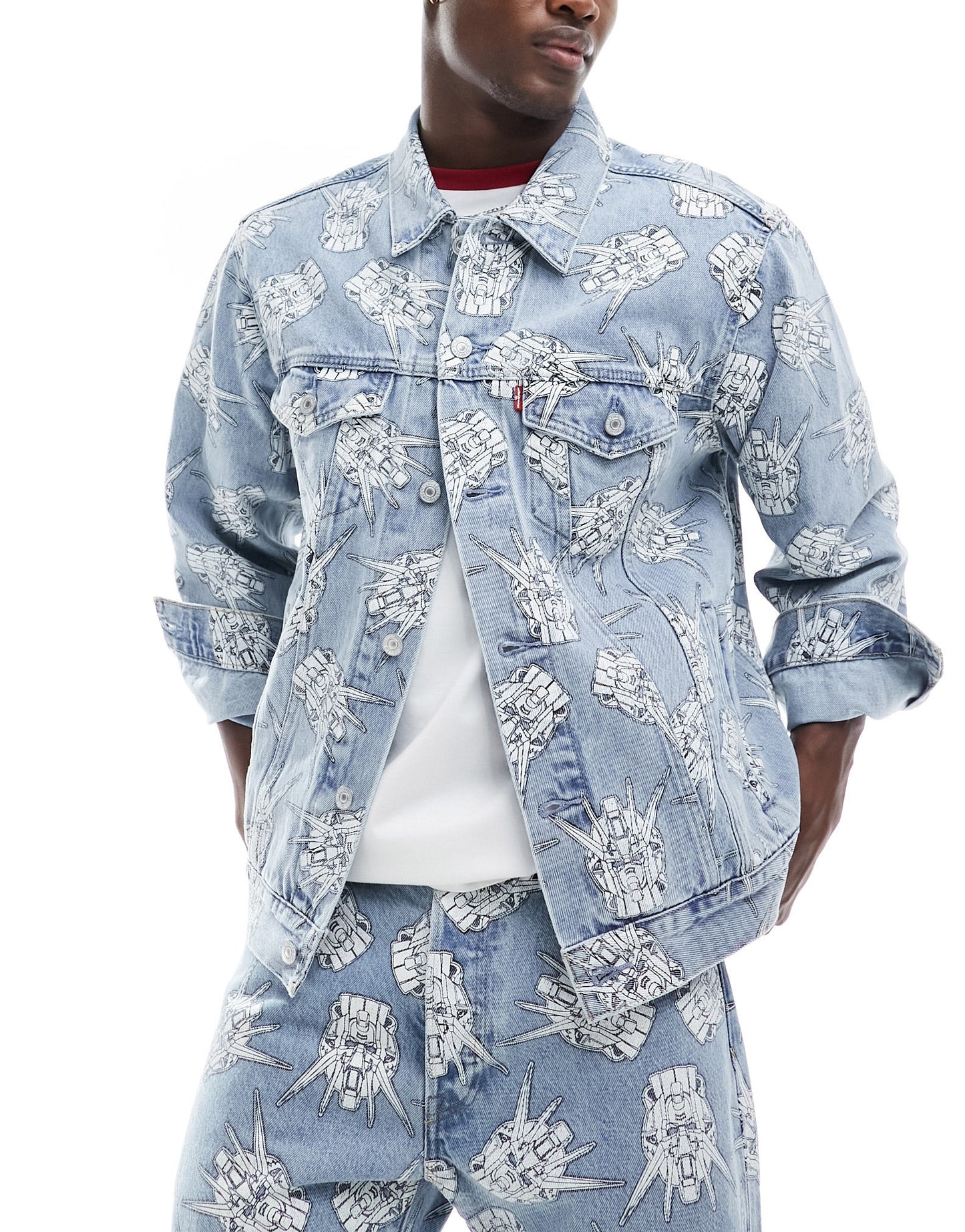 Levi's X Gundam collab starfighter all over print relaxed fit denim trucker jacket in light wash