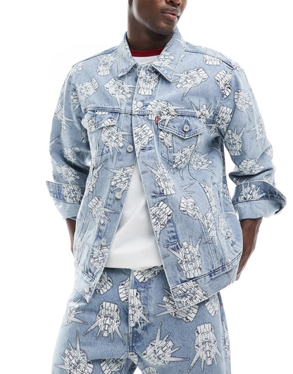 Levi's X Gundam collab starfighter all over print relaxed fit denim trucker jacket in light wash