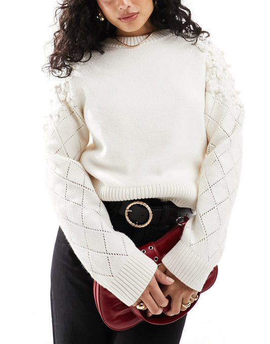 & Other Stories sweater with 3D flower embellished sleeves in beige