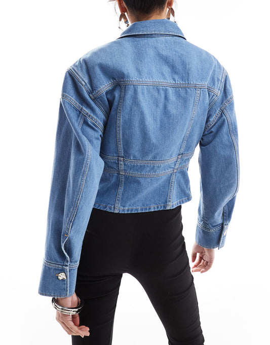 & Other Stories denim jacket with corset waist and extended shoulder in mid wash blue