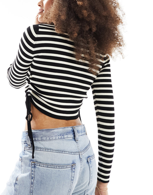 Bershka ruched side knitted top in black & white stripe