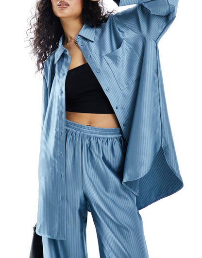 YAS satin oversized pinstripe shirt co-ord in blue - MBLUE