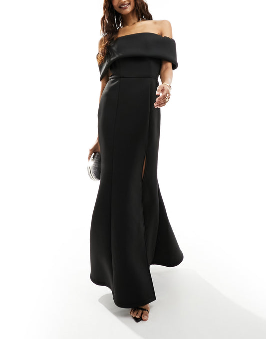 Jarlo straight bardot gown with fishtail skirt in black