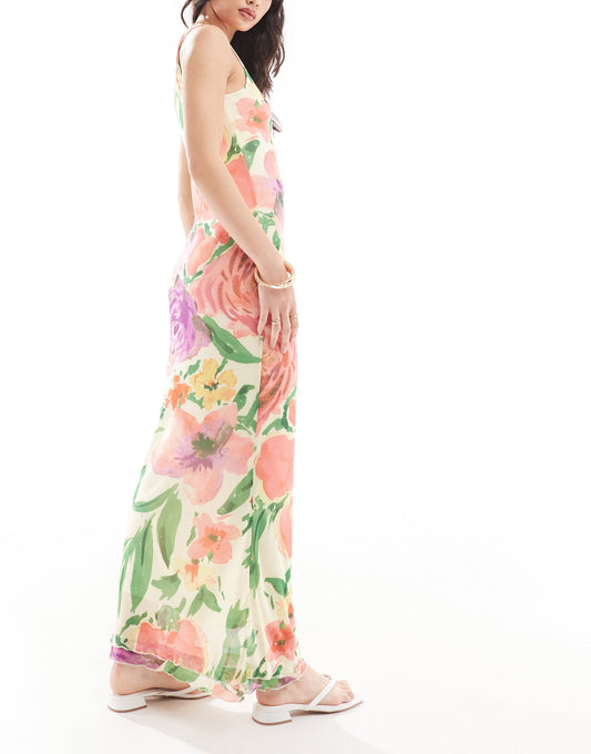 Vero Moda sleeveless lettuce edge mesh dress in summer floral print