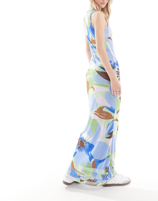 Vero Moda Tall sleeveless lettuce edge mesh dress in blue floral print