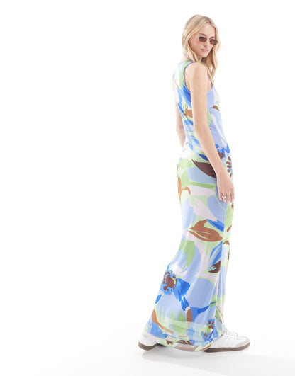 Vero Moda Tall sleeveless lettuce edge mesh dress in blue floral print