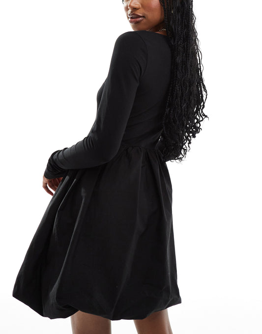 ASOS DESIGN square neck long sleeve mini dress with bubble hem in black