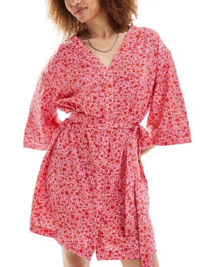 Monki belted wrap mini dress in red ditsy floral