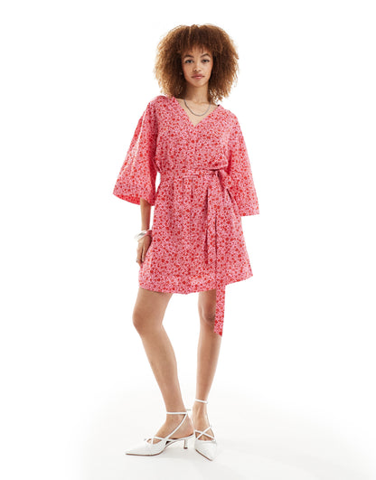 Monki belted wrap mini dress in red ditsy floral
