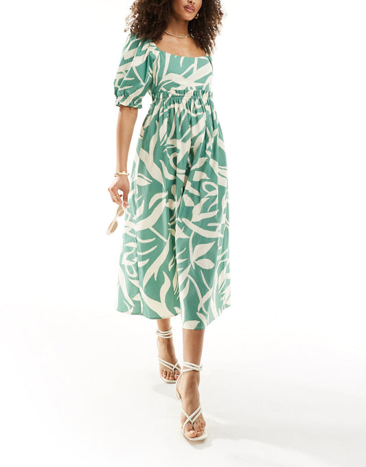 Nobody's Child Ginger puff sleeve midi dress in green abstract print