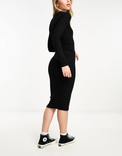 Pull&Bear jersey long sleeve midaxi dress in black