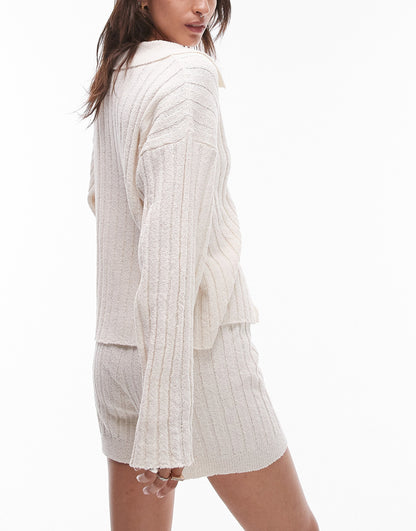 Topshop knitted co-ord button through ribbed shirt in ivory