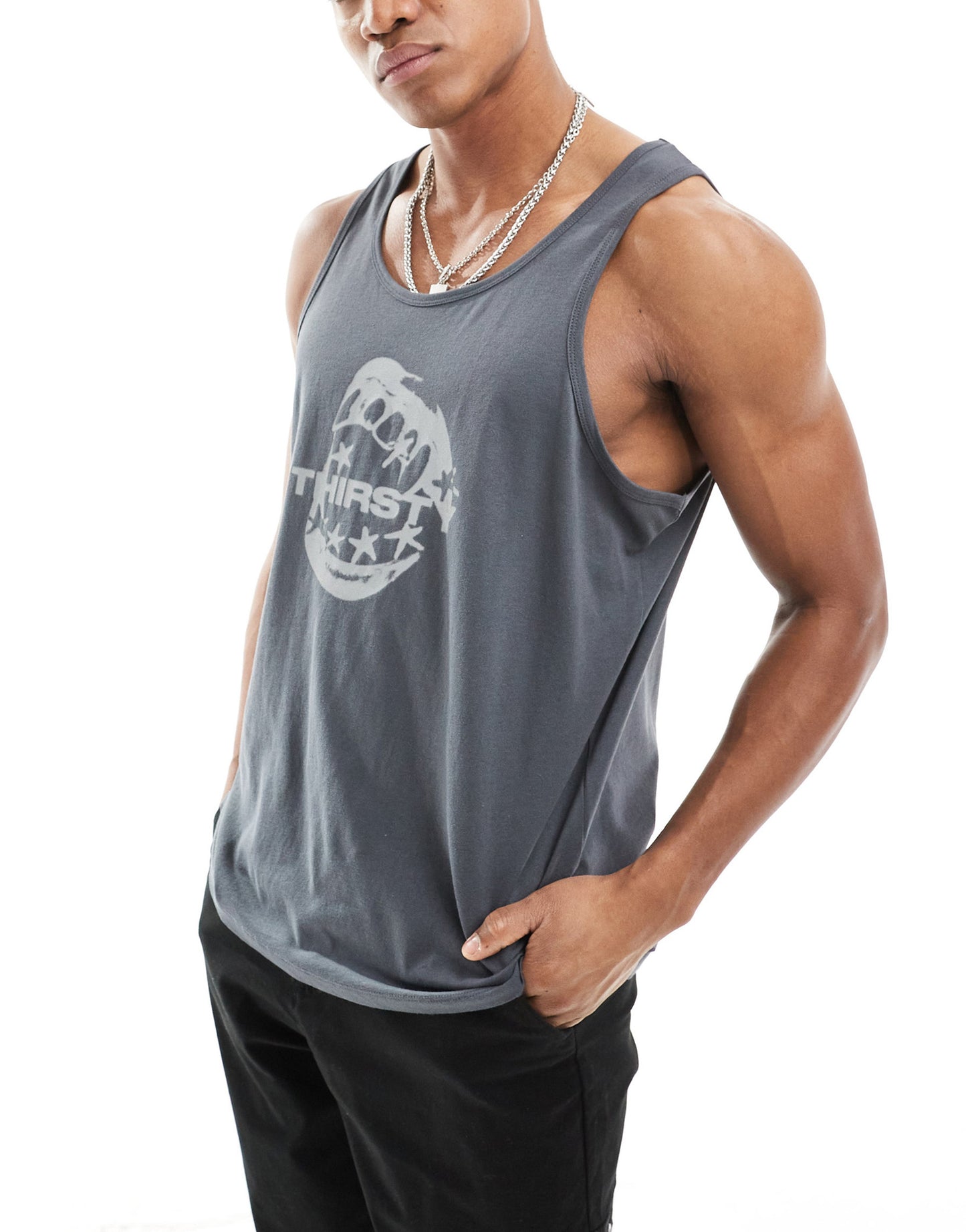ASOS DESIGN relaxed vest in dark grey with mouth text print