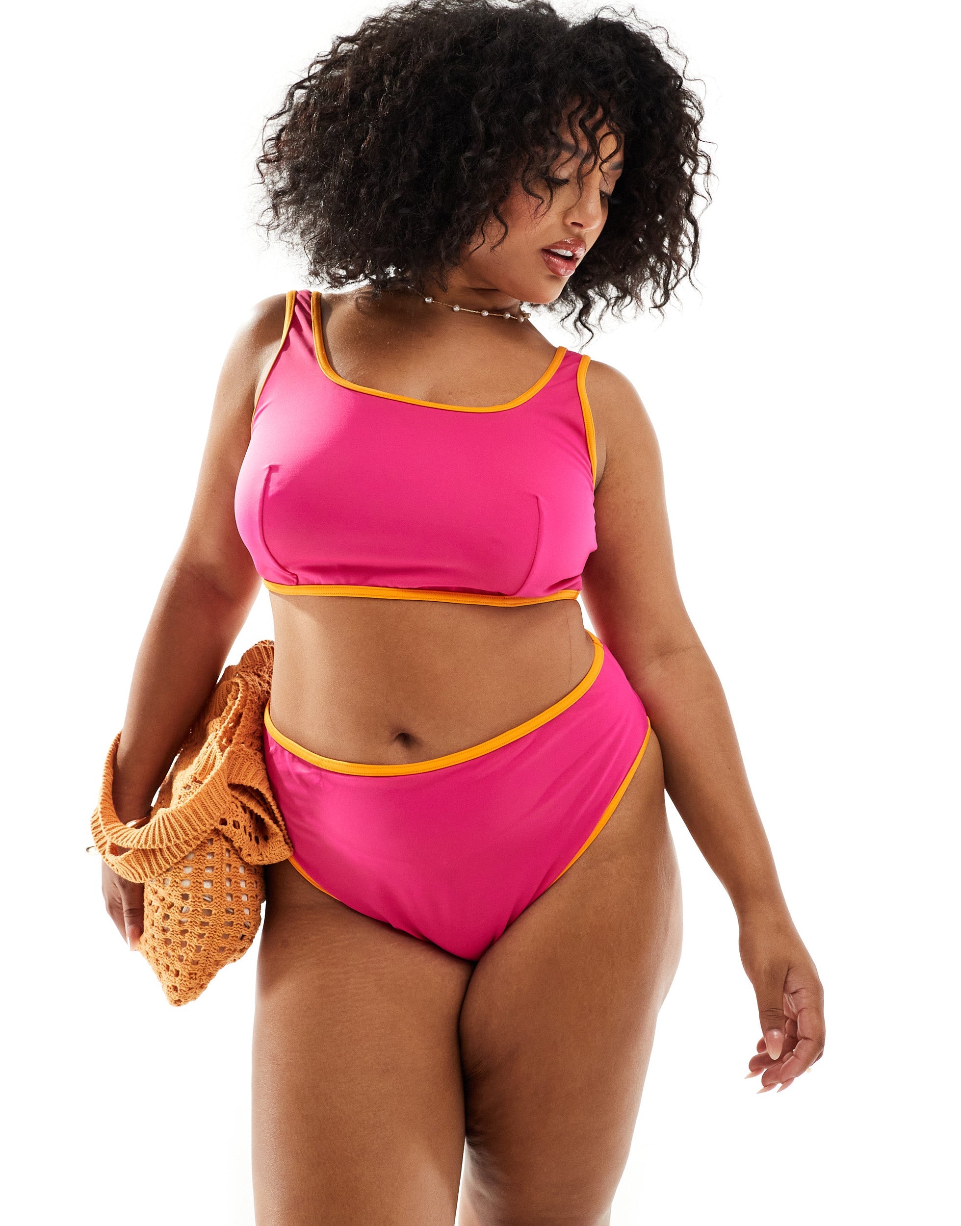 ASOS DESIGN Curve contrast binding high leg high waist bikini bottom in pink