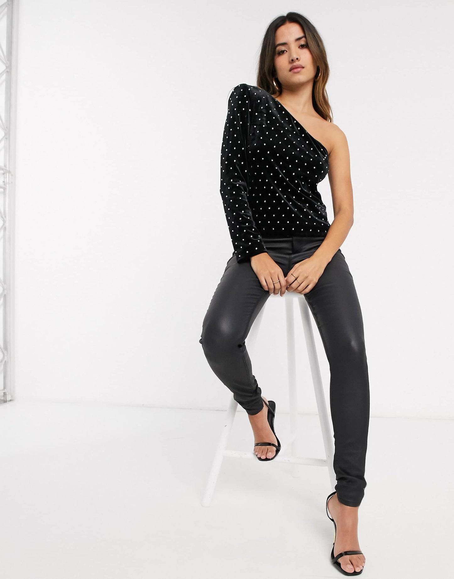River Island embellished asymmetric top with puff sleeve in black