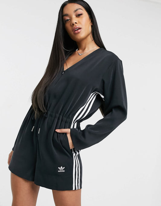adidas Originals Bellista three stripe playsuit in black