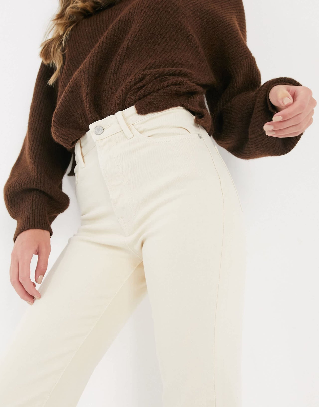 Stradivarius cotton slim mom jean with stretch in ecru - WHITE