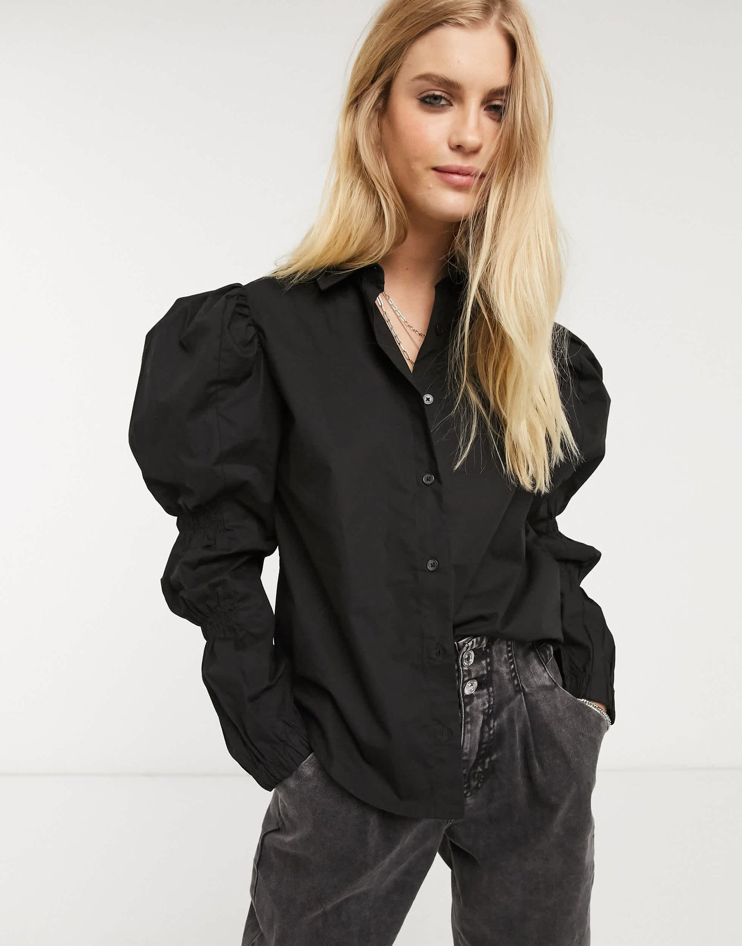 Bershka volume sleeve shirt in black