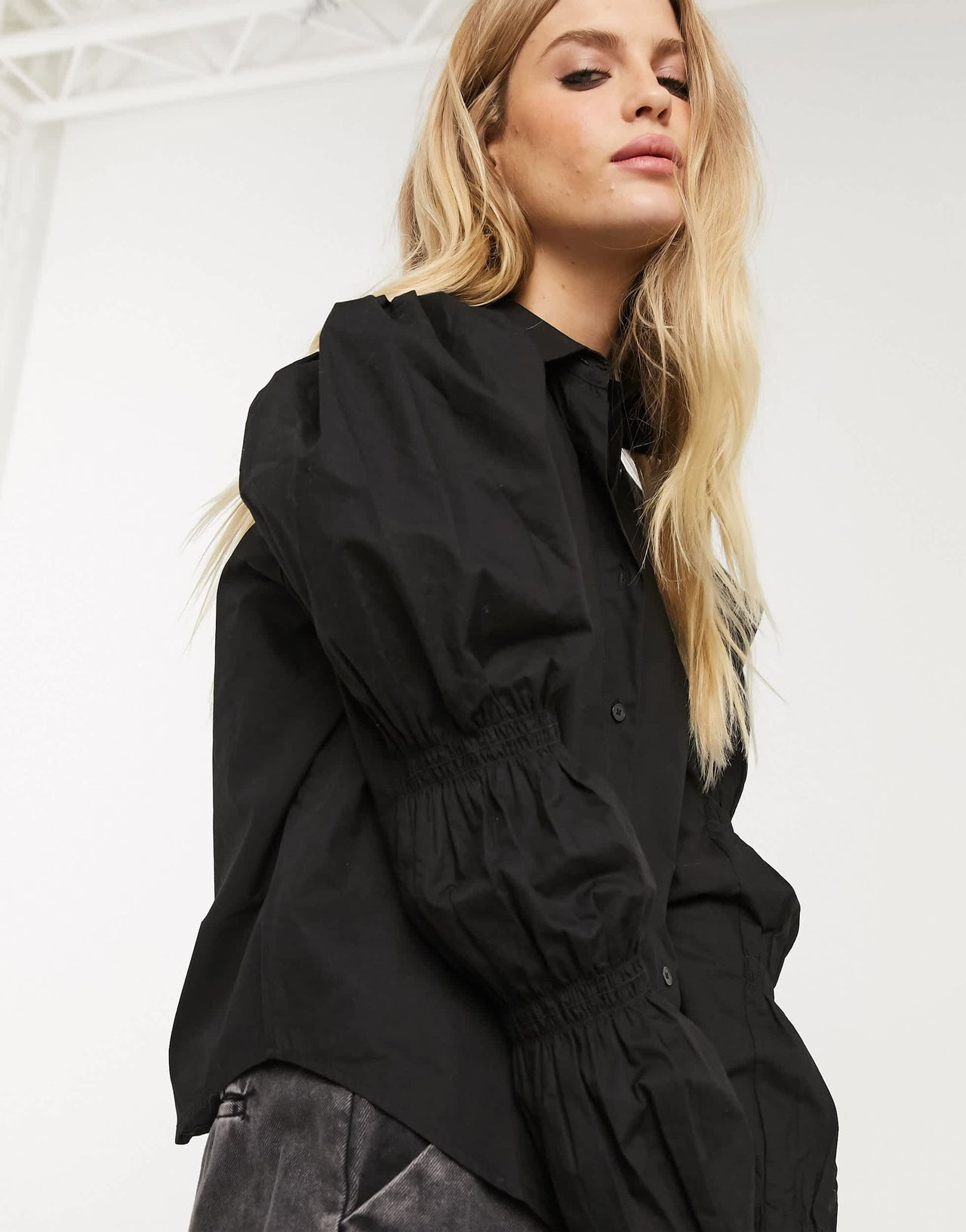 Bershka volume sleeve shirt in black