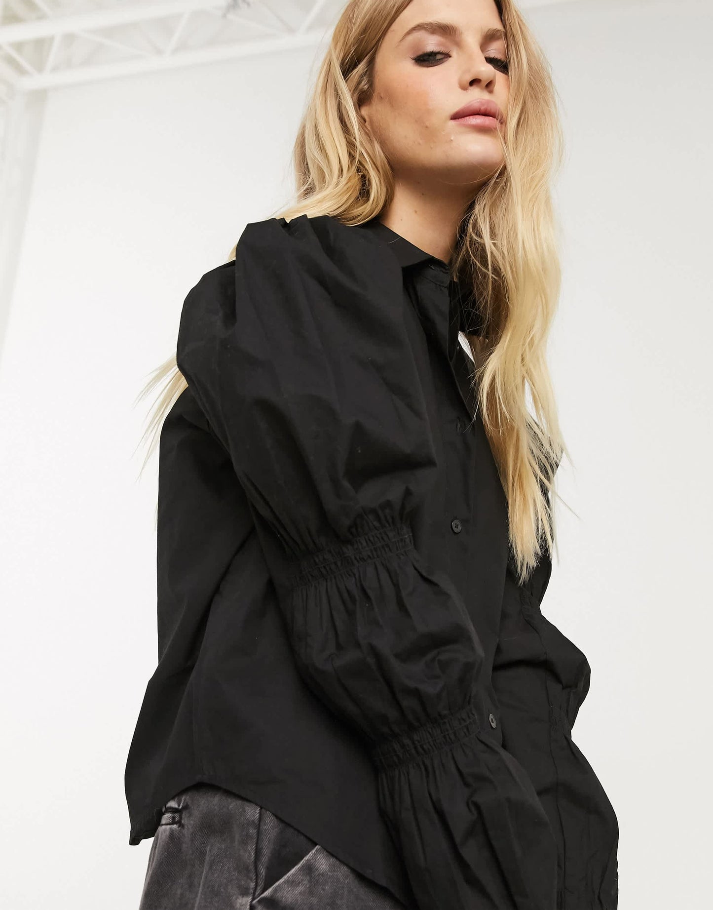 Bershka volume sleeve shirt in black