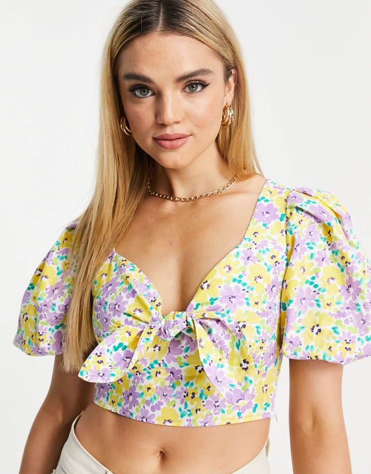 River Island floral tie front crop top in blue