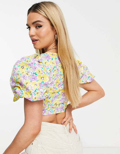 River Island floral tie front crop top in blue