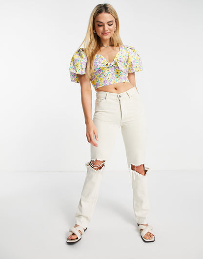 River Island floral tie front crop top in blue