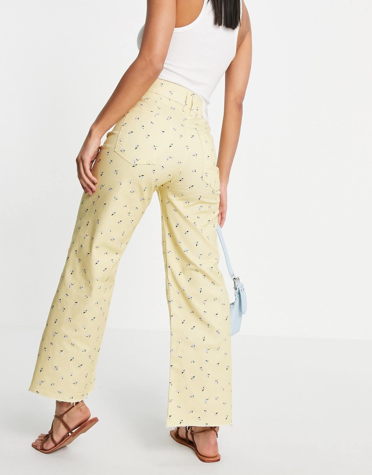 Stradivarius floral cropped wide leg jean in yellow