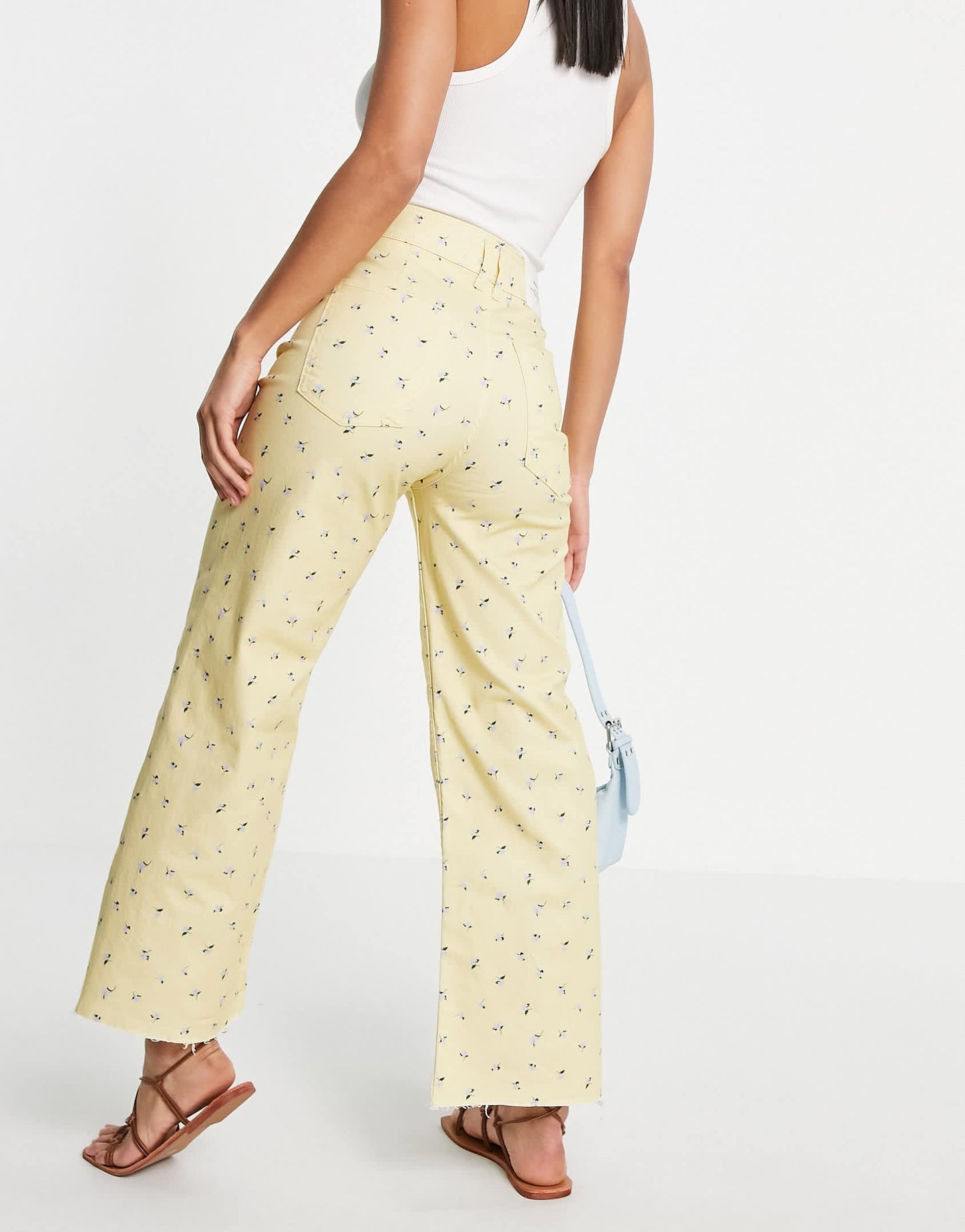 Stradivarius floral cropped wide leg jean in yellow