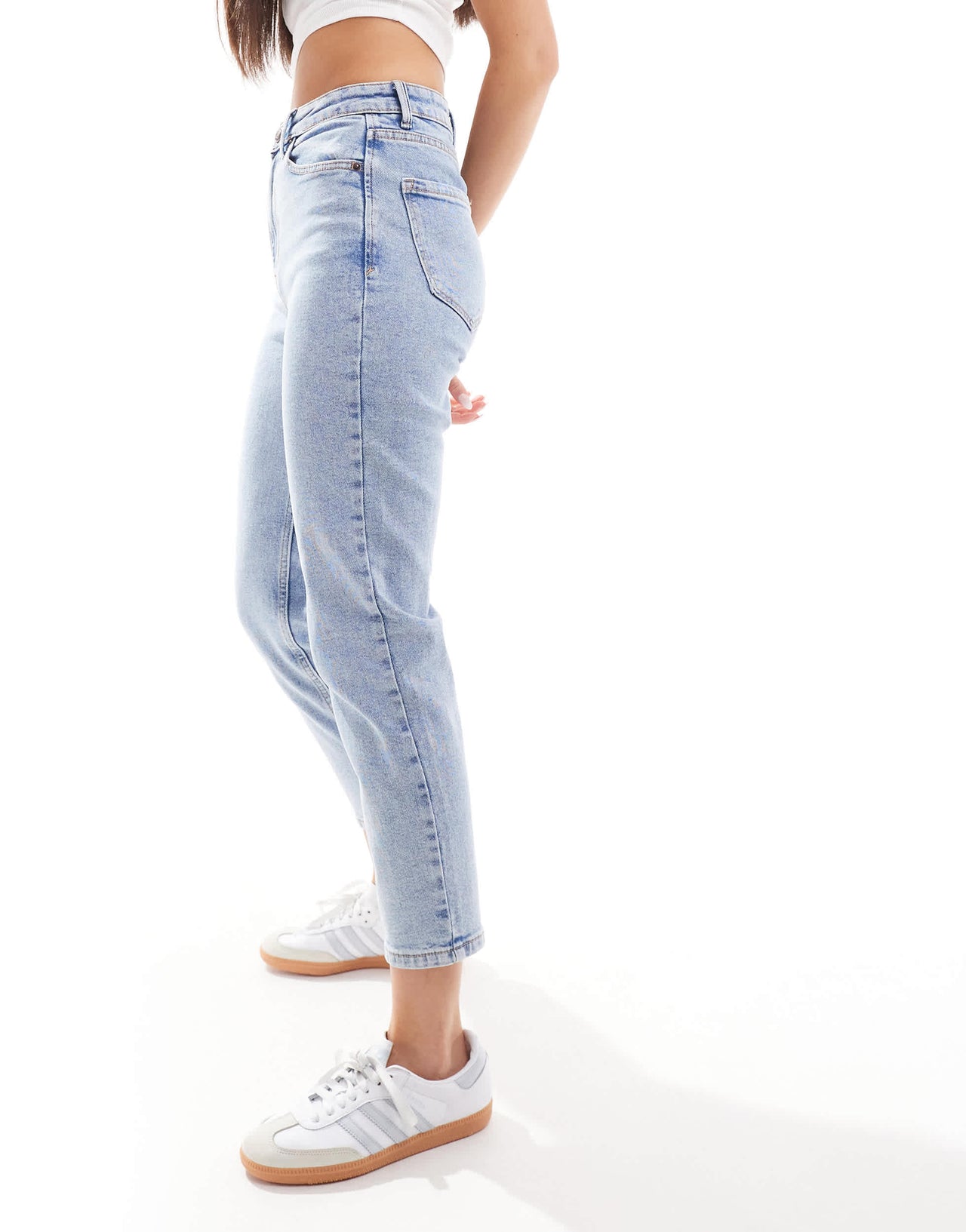 Stradivarius cotton slim mom jean with stretch in washed blue - LBLUE