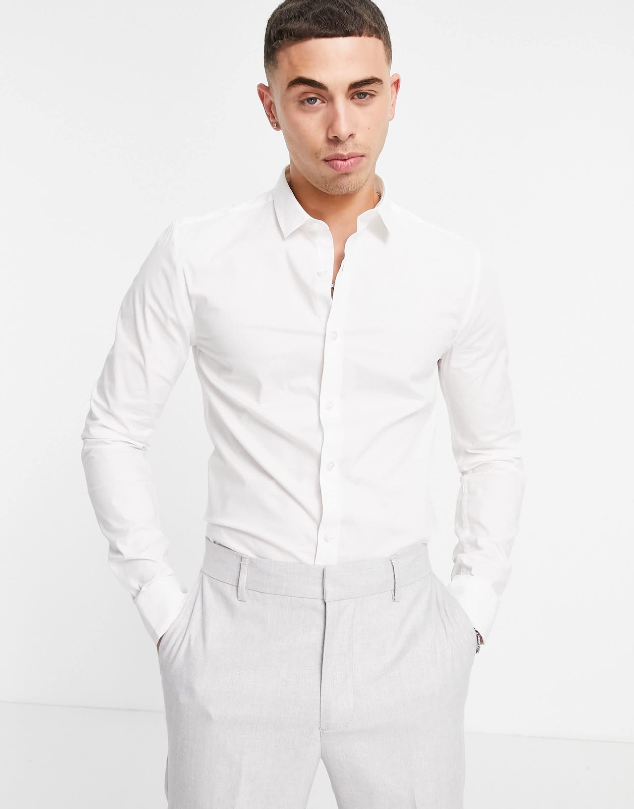 New Look long sleeve muscle fit poplin shirt in white