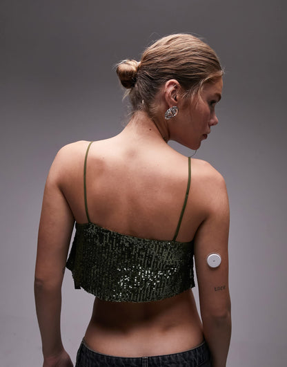 Topshop co-ord sequin crop cami in green