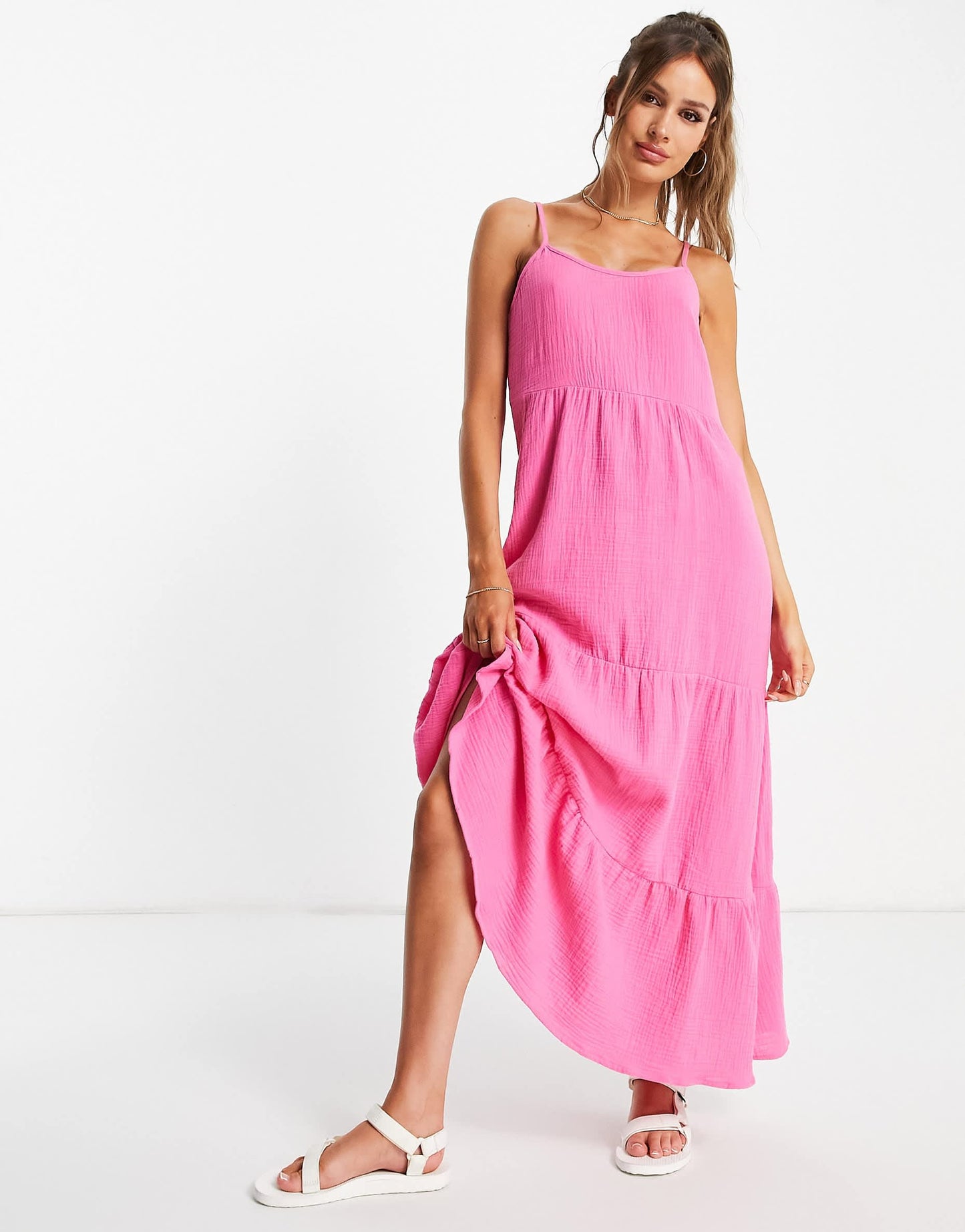 Stradivarius midi smock dress in pink