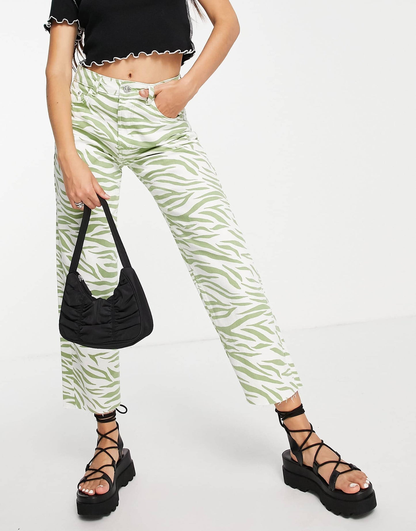 Bershka straight leg zebra print trouser in green