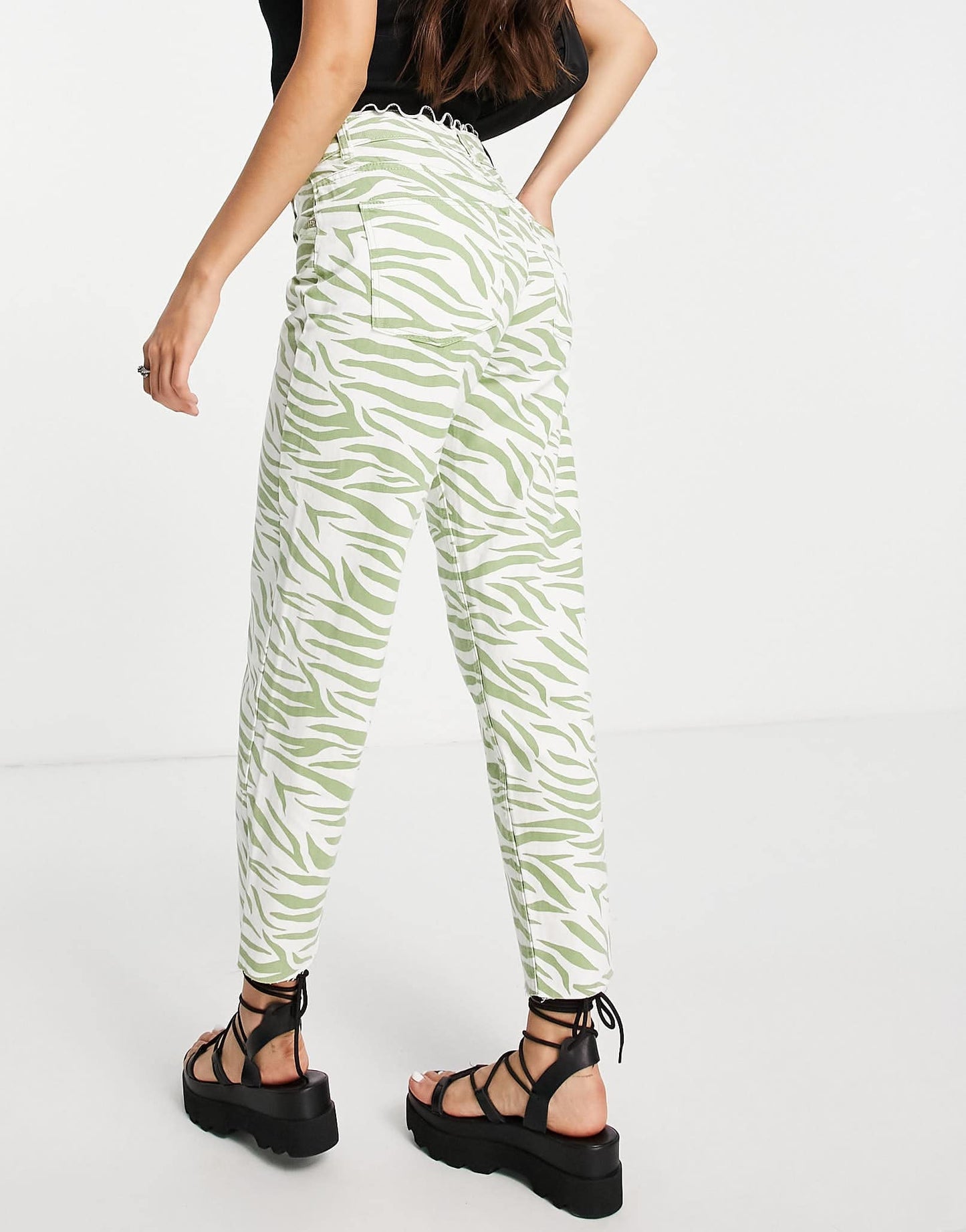 Bershka straight leg zebra print trouser in green