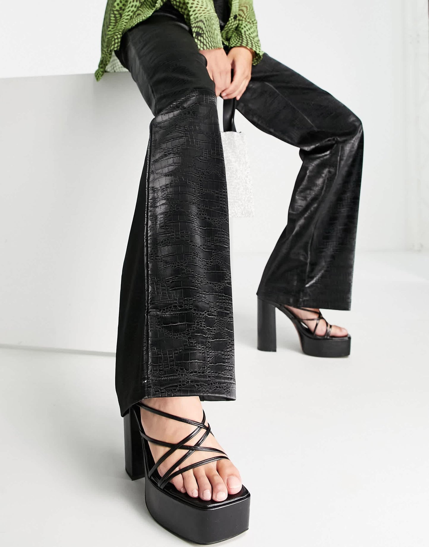ASOS DESIGN Tall straight leg trouser in iridescent croc faux leather in black